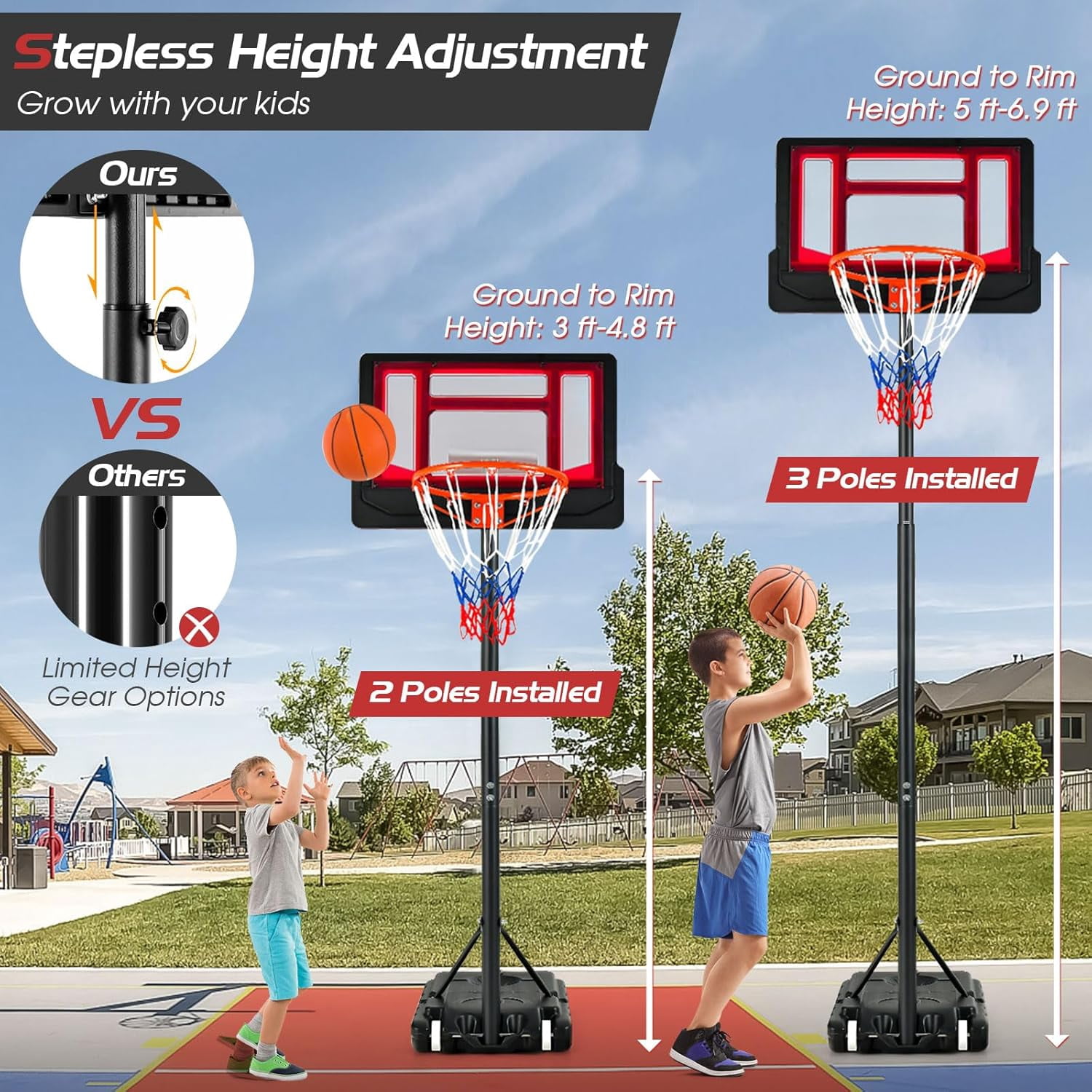 Basketball Hoop Outdoor Indoor, 4.3 FT-8.2 FT Height Adjustable Basketball Goal Court System w/Fillable Base, Backboard & 2 Wheels, Portable Basketball Hoop for Kids Backyard Driveway