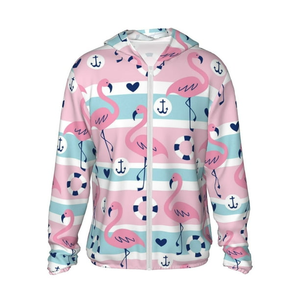 Balery Pink Striped Flamingo Sudadera ligera de manga larga con capucha y protección solar UPF 50+ para hombre y mujer, ideal para pesca y running-X-Large