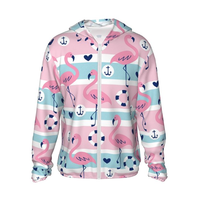 Fotbe Pink Striped Flamingo Chaqueta con Protección Solar UPF 50+ para Hombre y Mujer, Camisa con Capucha y Bolsillos-3X-Large