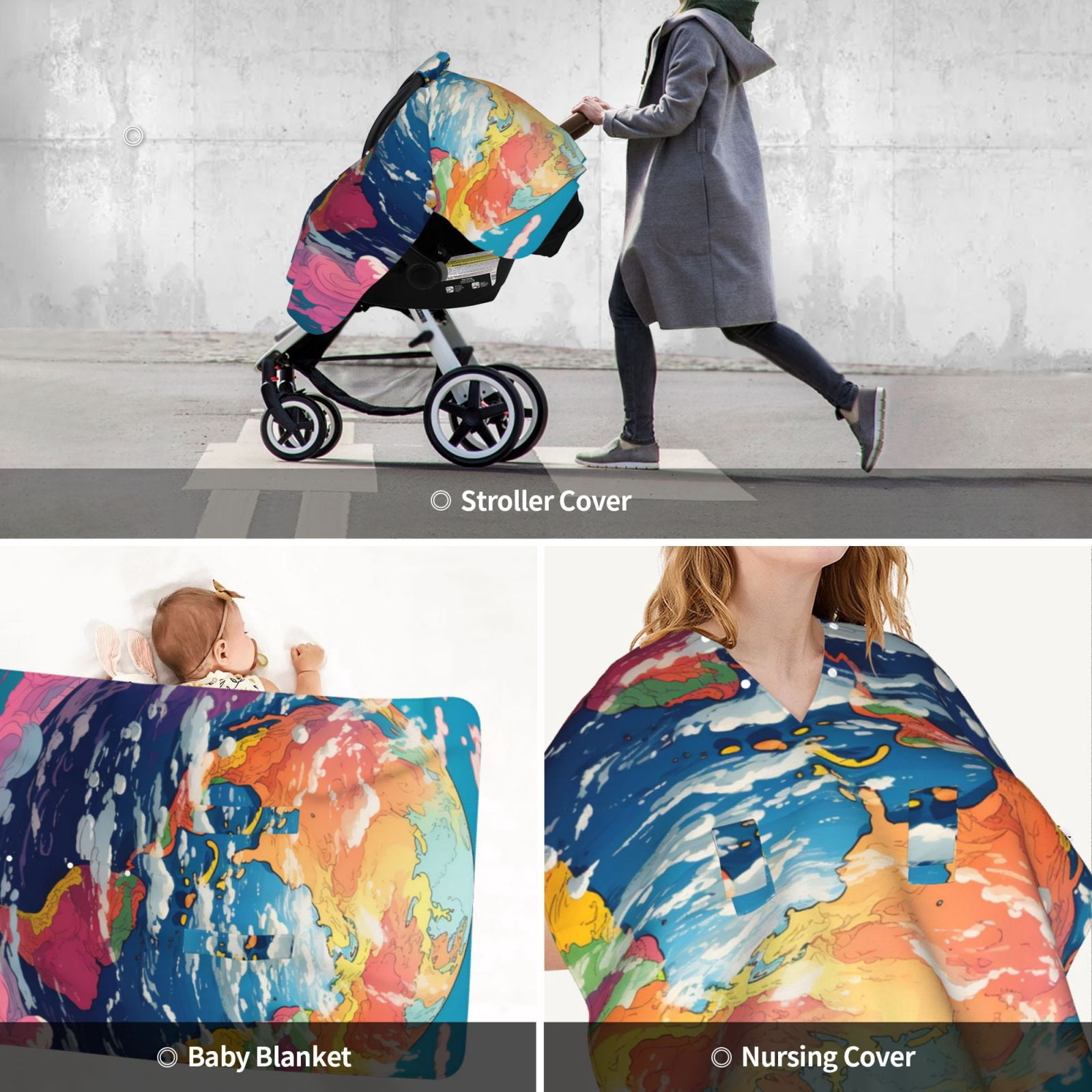 Car Seat Cover Baby - Colorful Whimsical Earth Breathable Infant Car Seat Cover for Baby Carseat, Lightweight Comfort Baby Essentials Must Haves Newborn Stuff for Girl Boy