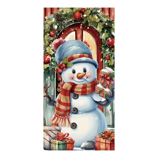 Christmas Door Decoration Hanging Cloth 90 cm x 185 cm Multicolor Polyester Holiday Party Background Tapestry With Festive Nativity Snowman Santa Designs