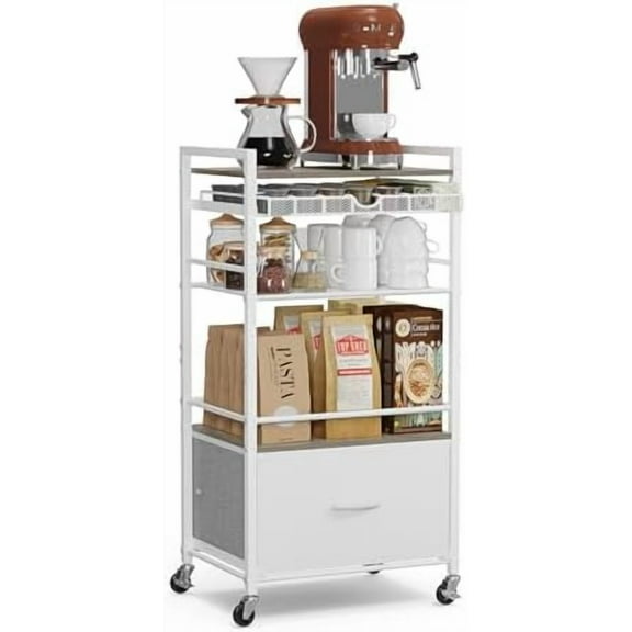 Coffee Bar Cabinet with Storage，5 Tier Coffee Station Table on Wheels, 33.6" H Cart with Drawer for Home Kitchen, Liquor Buffet Sideboard Cabinet (Modern White)