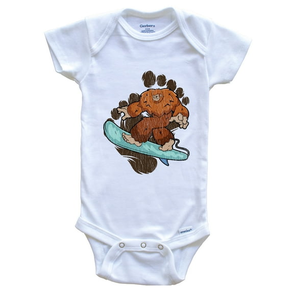 Bigfoot Surfing Baby Bodysuit - Sasquatch on Surf Board Baby Bodysuit, 0-3 months white