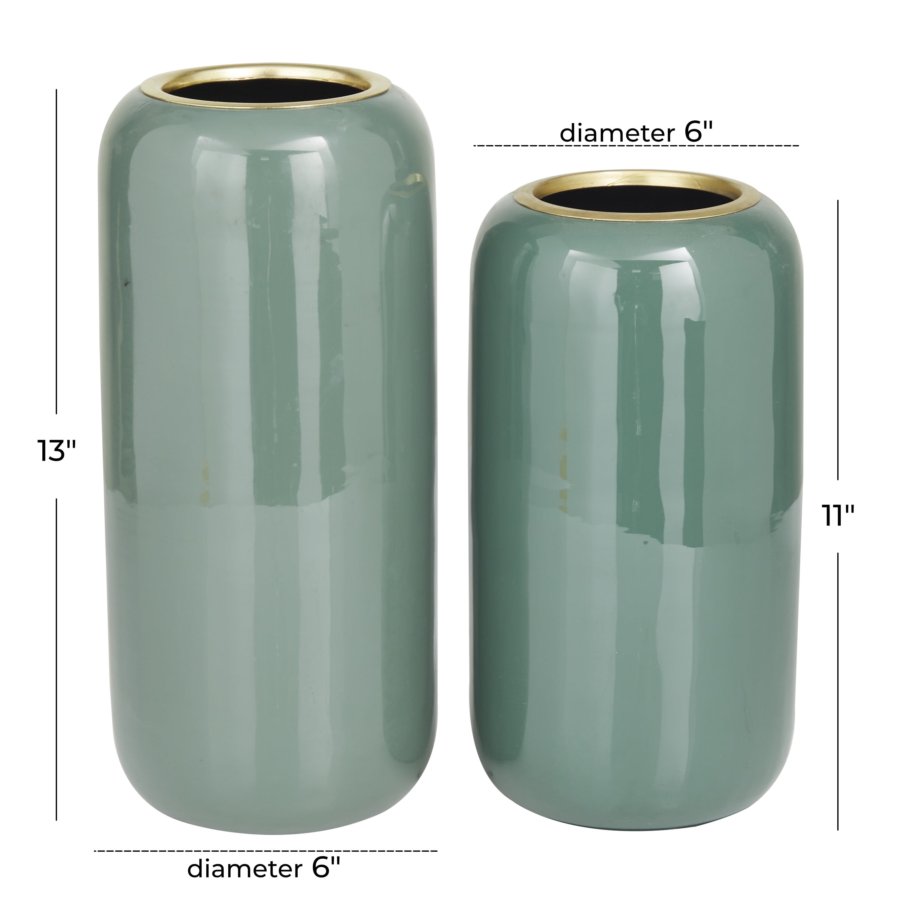 DecMode 13", 11"H Green Metal Vase, Set of 2