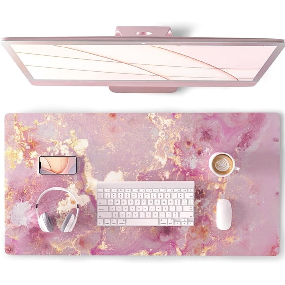 Large Mouse Pad, Cute Pink Desk Mat for Desktop, Women Girls PU Leather Waterproof Gaming, Rose Gold Marble Computer PC Laptop Protector Writing Pads for School Office Home 31.5" x 15.7"