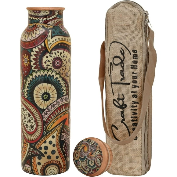 czcpp-Printed Pure Copper Bottle with Lid and Carry Bag for Drinking Water BPA Free Leak Proof Boosts Immunity, Supports Digestive & Liver Health, Ayurveda Inspired 34oz - 1 Litre
