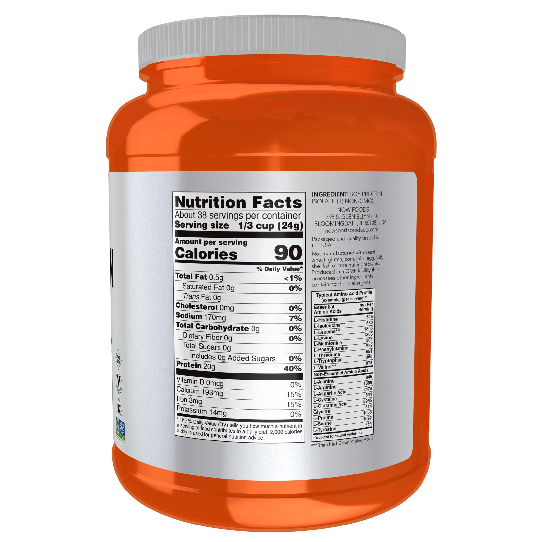 NOW Sports Nutrition, Soy Protein Isolate 20 g, 0 Carbs, Unflavored Powder, 2-Pound