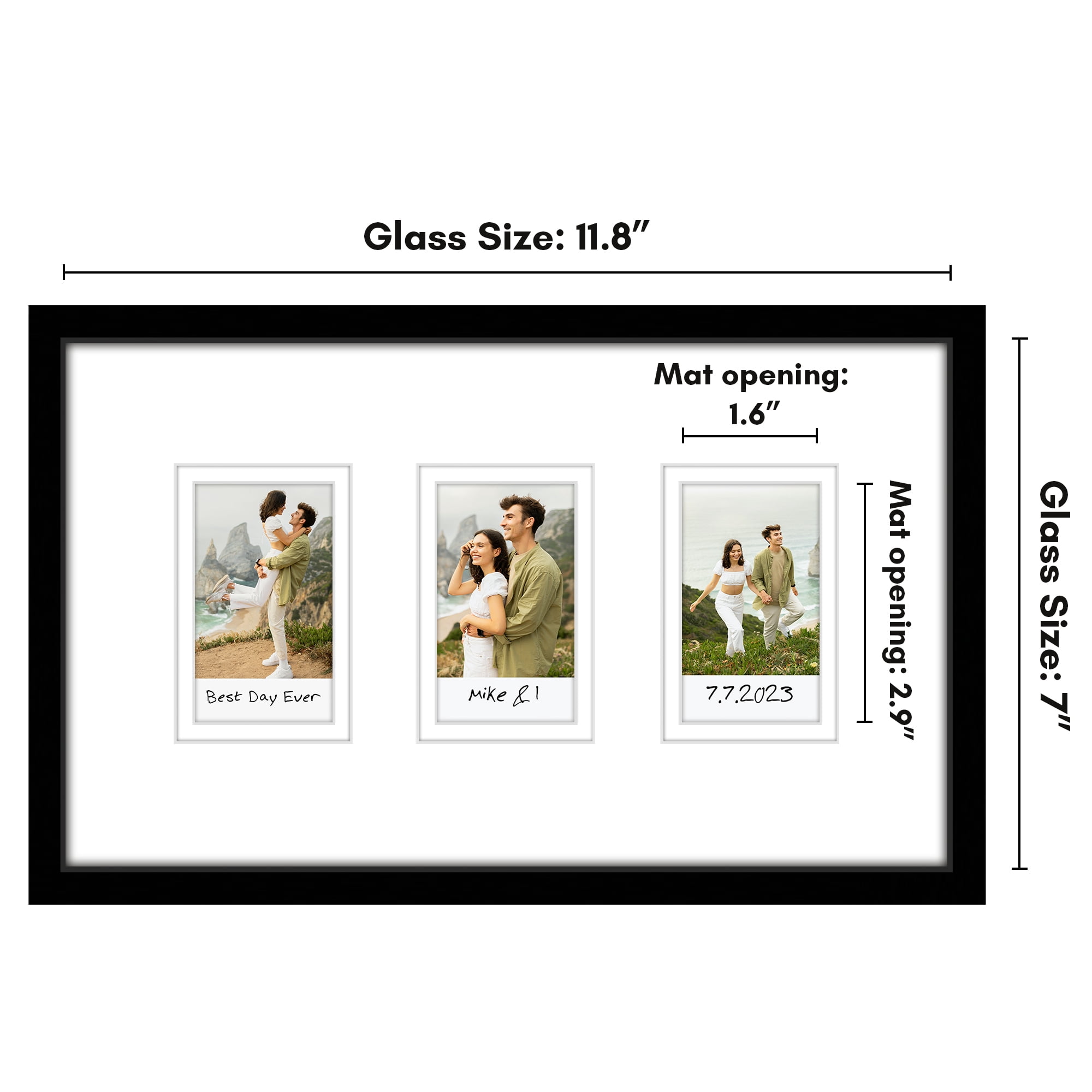 Americanflat Mini Instant Photo Collage Frame with 3 Openings and Double White Mat - Display 2.1x3.4" Photos - Black