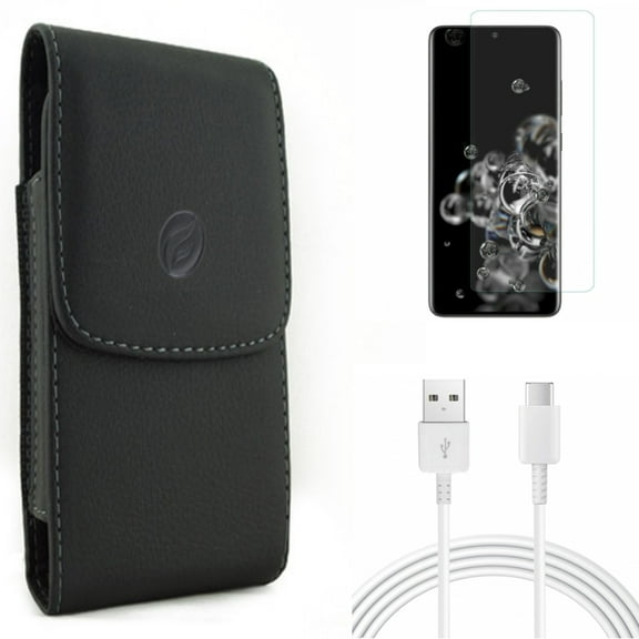 Case Belt Clip w 10ft USB-C Cable w Screen Protector for Samsung Galaxy S20 Ultra - Leather Holster Cover, Type-C Charger Cord Power, Tempered Glass [Fingerprint Unlock] 3D fits Galaxy S20 Ultra