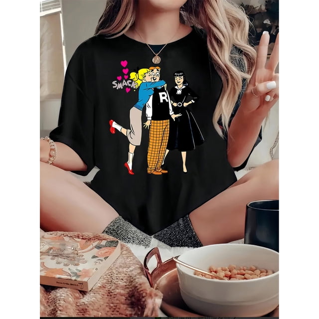 Camiseta Básica para Mujer Verano TranspirableGraphic Print Casual T-Shirt for Women, Polyester Blend Crew Neck Tee, Medium Stretch Knit Fabric, with Archie Love Heart Portrait, for All Season Comfo