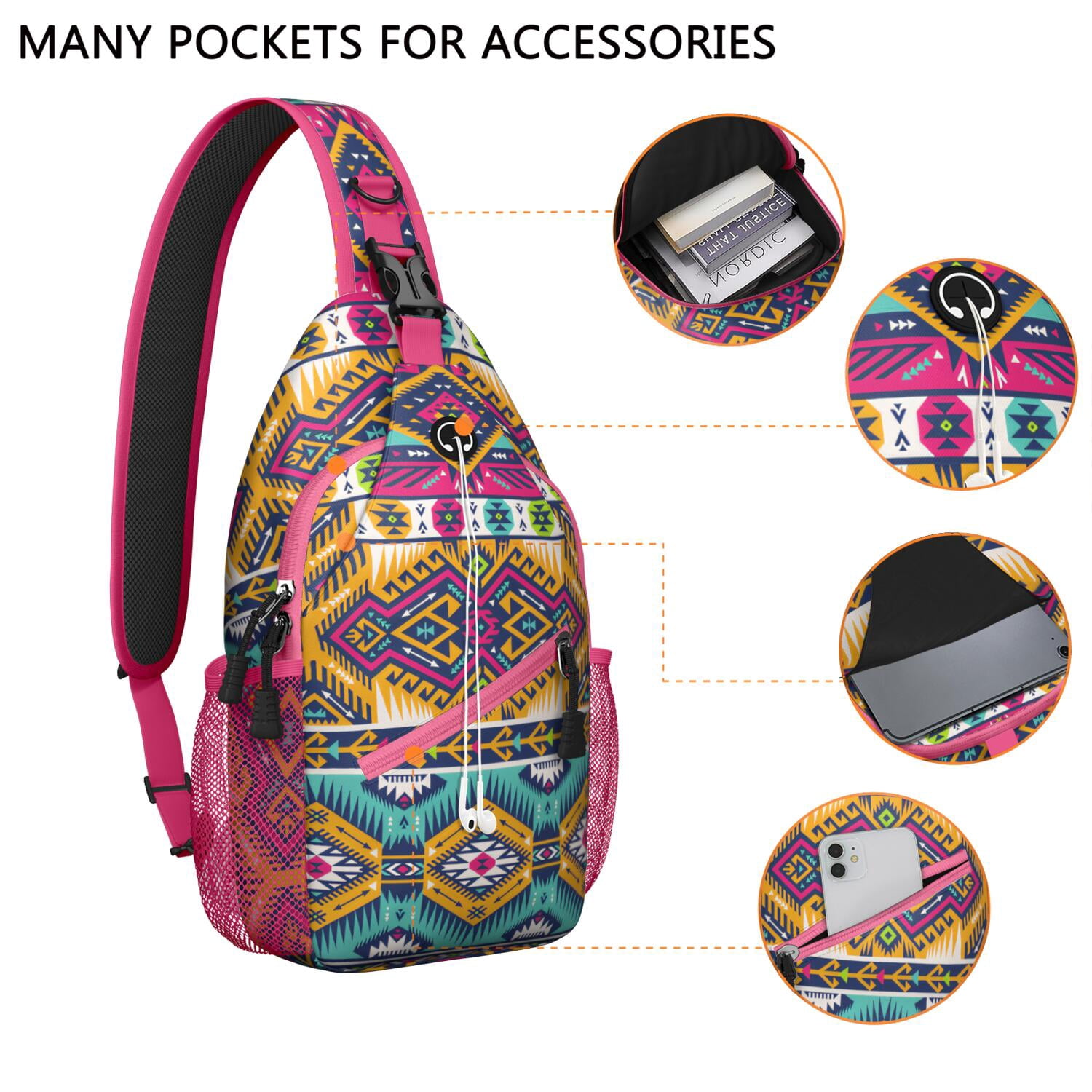 Vintage Fashion Crossbody Sling Bag Geometric Print Shoulder Backpack for Hiking Travel-Ready & Organized