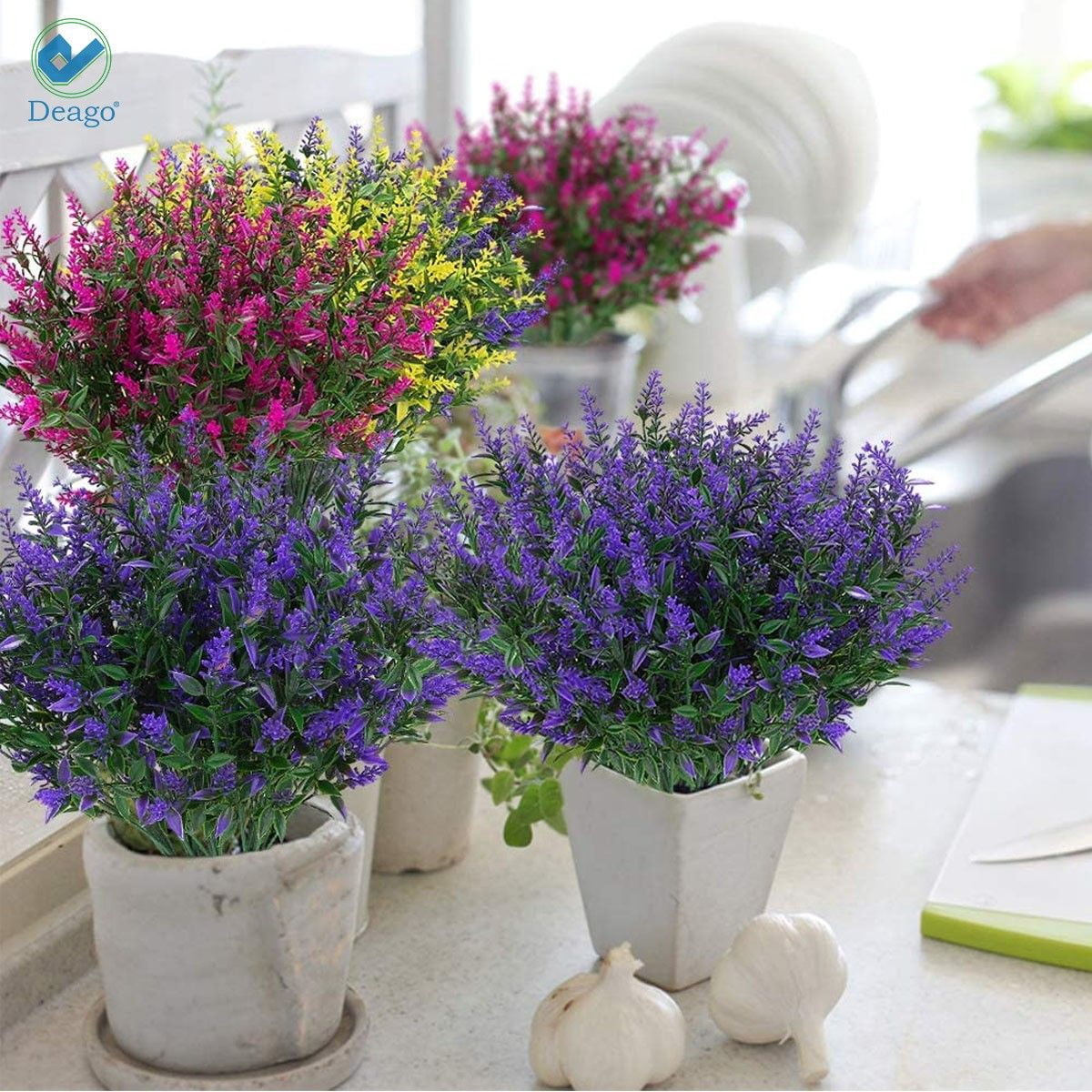 Deago 24 Bundles Artificial Lavender Flowers Outdoor Fake Flowers for Decoration UV Resistant No Fade Faux Plastic Plants Garden Porch Window Box Decor (Purple)