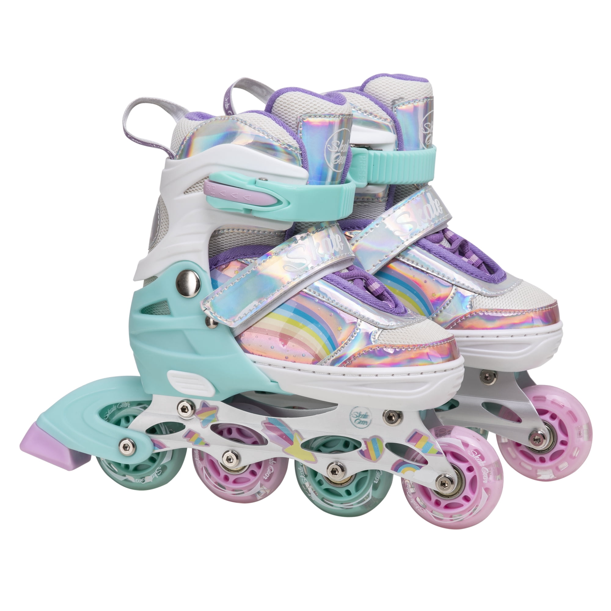 Skate Gear Rainbow Adjustable Light up Inline/Quad Roller Skates for Girls and Boys (Pink - Inline, Large)