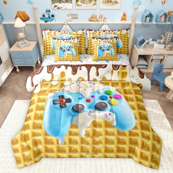 Feelyou Blue Game Console Twin Bedding Sets 7-Piece, Ice Cream Donut Bedding Comforter Set