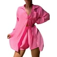 thumbnail image 5 of KelaJuan Women Summer 2 Pieces Clothes Outfits Solid Color Turn-Down Collar Long Sleeve Shirts and Elastic Waist Shorts Beach Holiday Set, 5 of 8