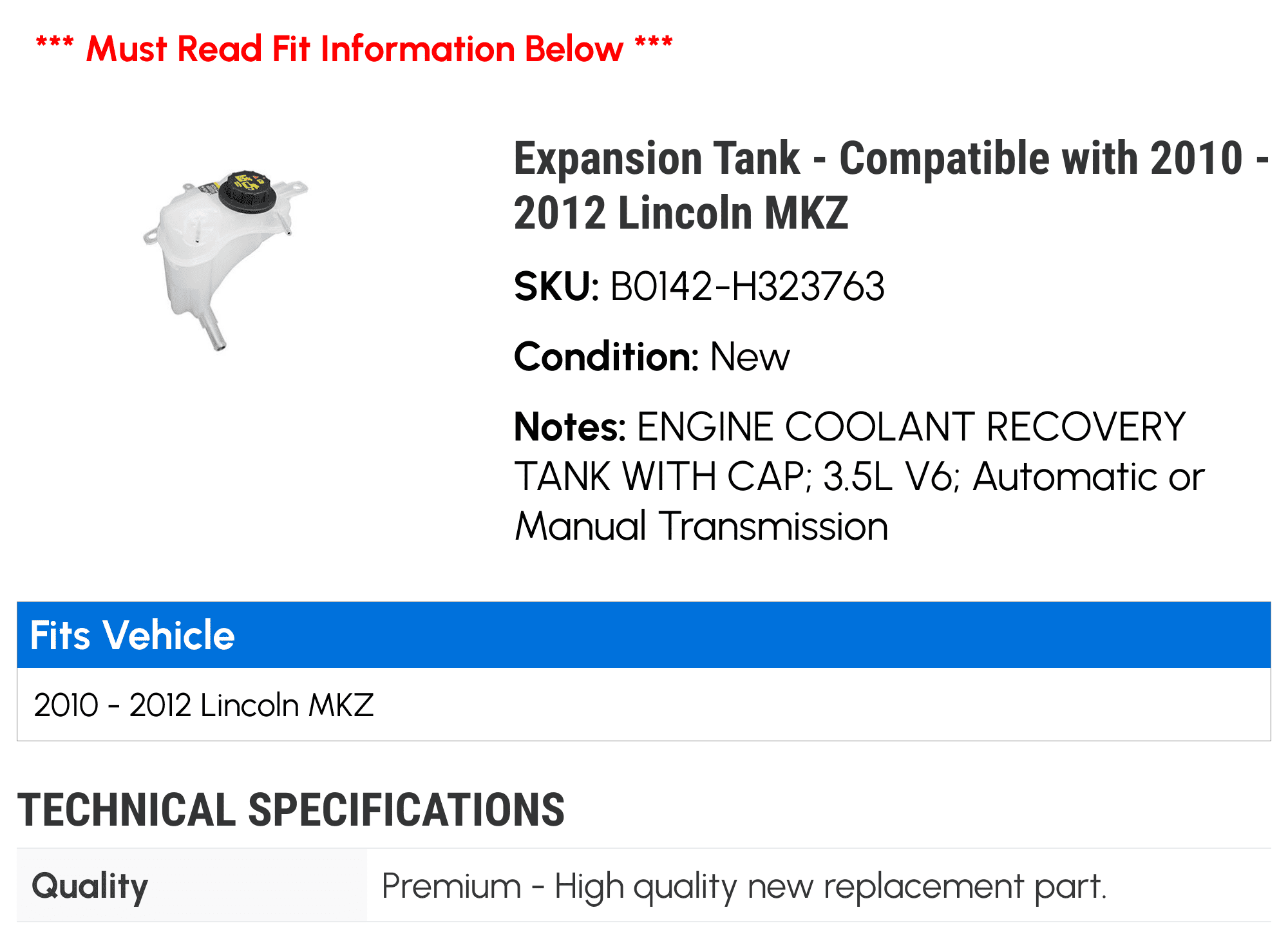 Expansion Tank - Compatible with 2010 - 2012 Lincoln MKZ 2011