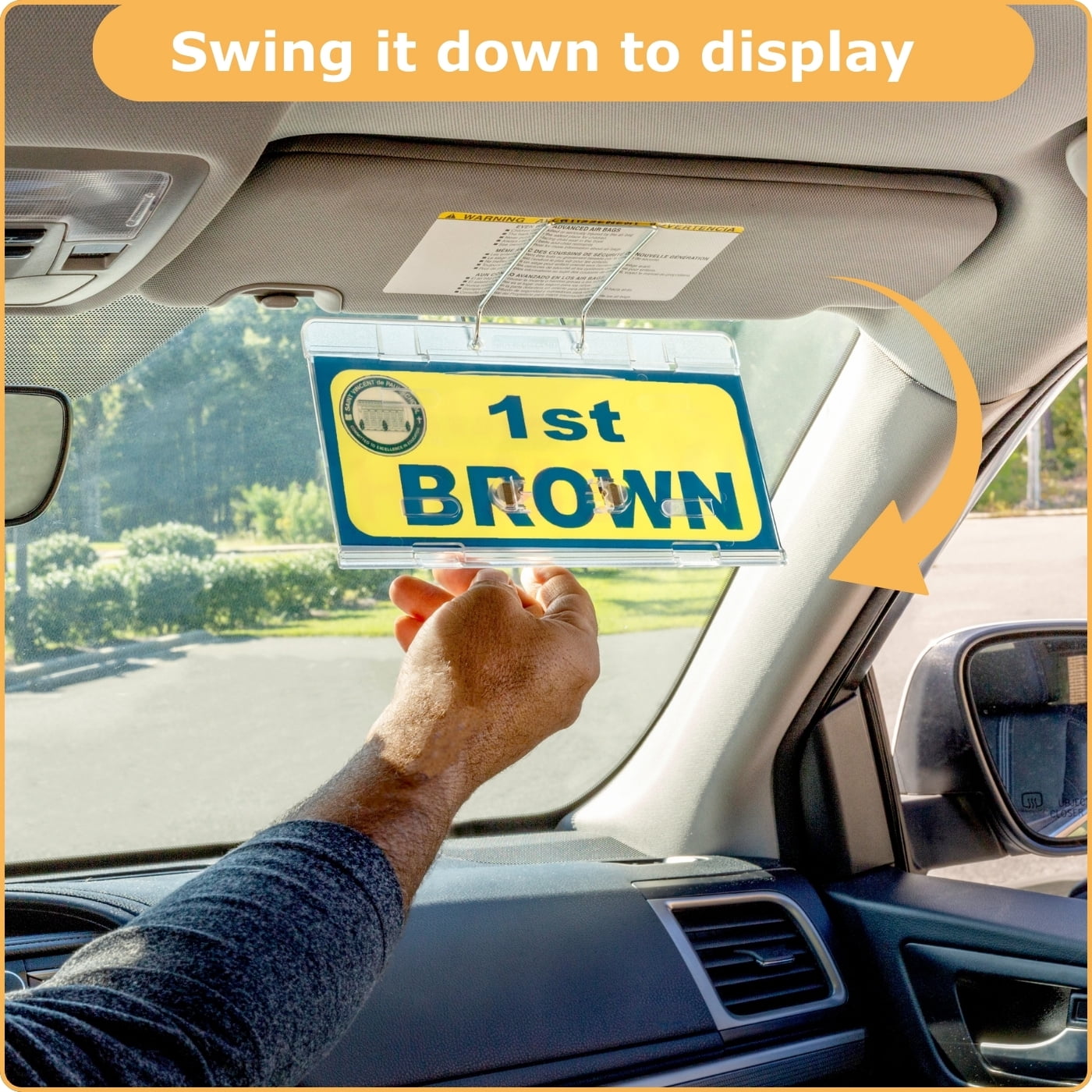 JL Safety® Elementary & Daycare Student Pick-Up Permit Cover & Holder – Visortag® VTSH140. Easily display and swing away your permit. Visor-mounted, patented, Made in USA.