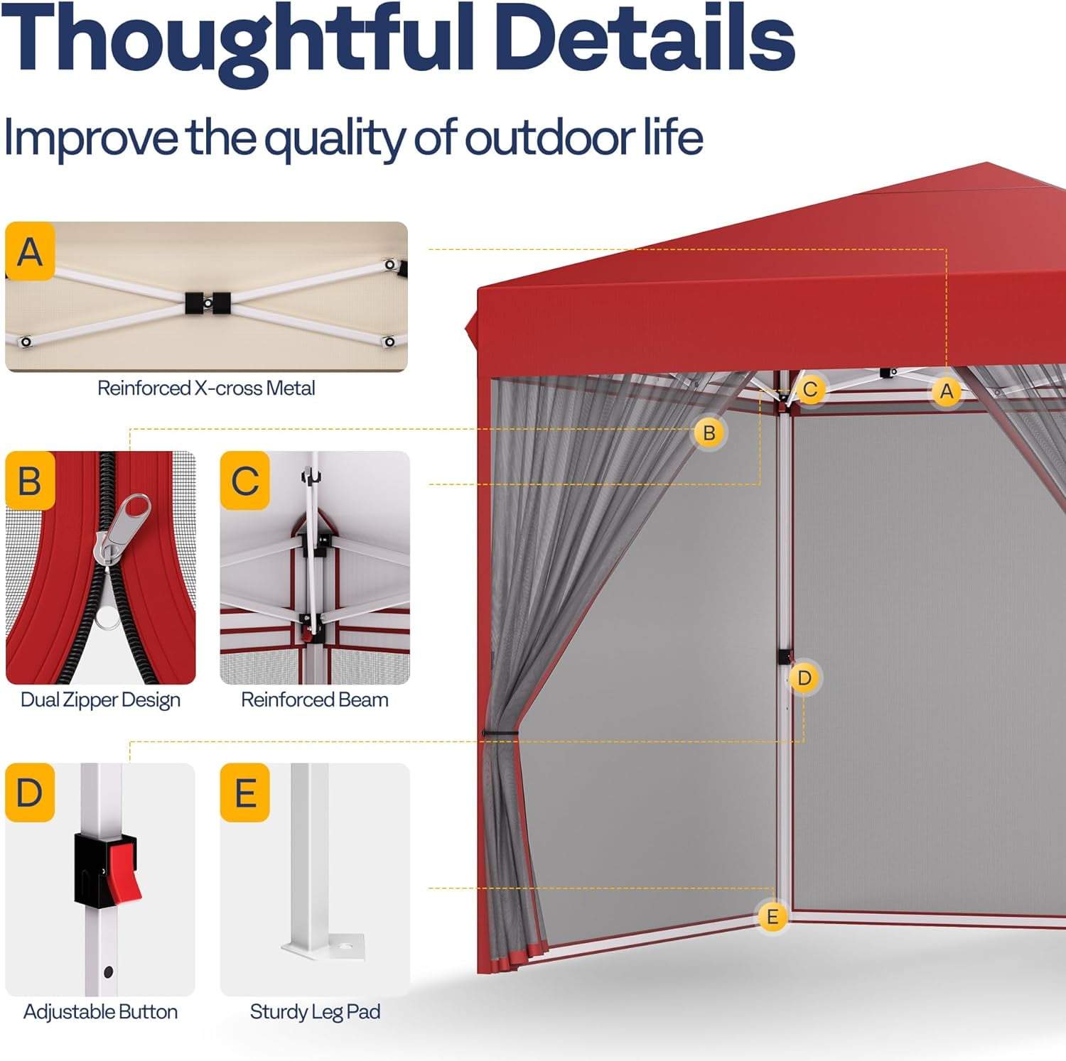 SPECSTAR 8'x 8' Easy Pop-Up Canopy with Mesh Netting, Instant Outdoor Screened tent with Mosquito Netting, 2 Zipper Doors and Roller Bag for Yard Camping Picnic Party Events, Red