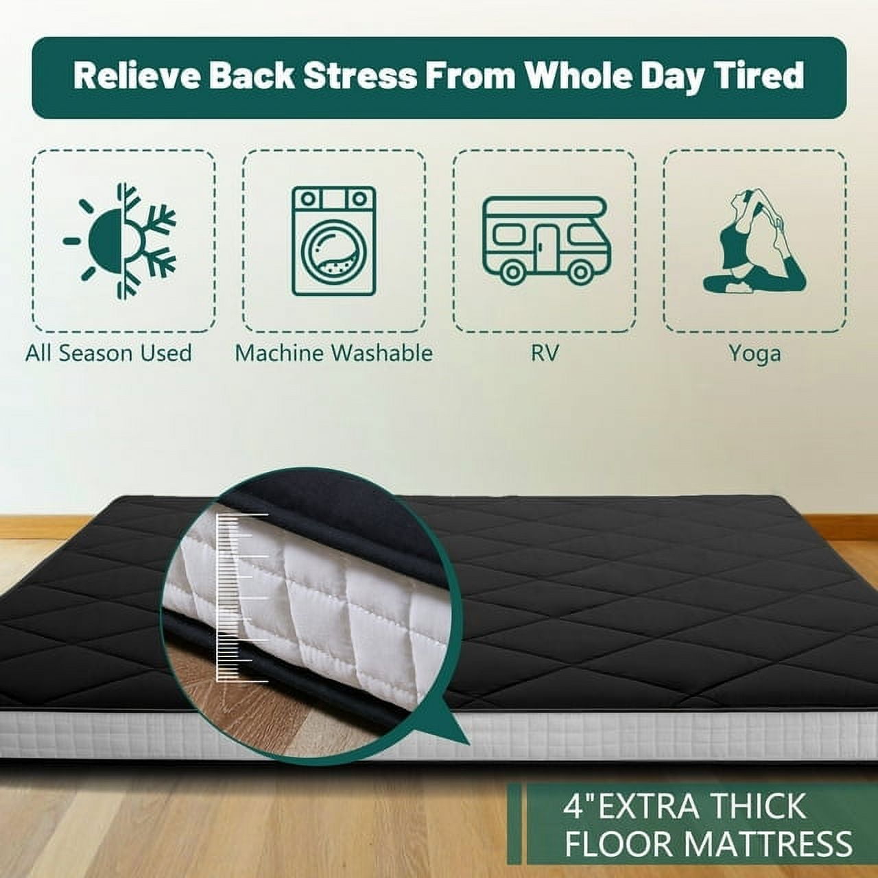 ABORON Futon Mattress , Padded Japanese Floor Mattress for Adults , Extra Thick Folding Sleeping Pad with Bandage and Storage Bag