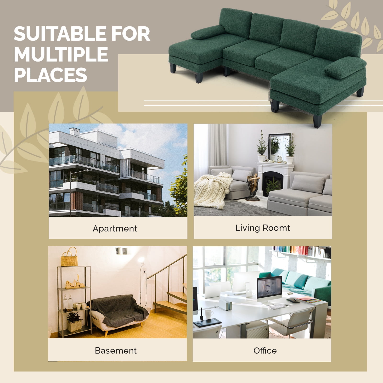 Ktaxon U-Shaped Sectional Sofa Set with Chaise, 4-Seater Blended Chenille Couch for Living Room, Apartment, Easy Assembly Green