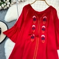 thumbnail image 2 of Vintage Blouse for Women V Neck Lace-up Embroidered Flare Sleeve Camisas Ethnic Style Loose A-line Blusas Mujer Summer Dropship, 2 of 6