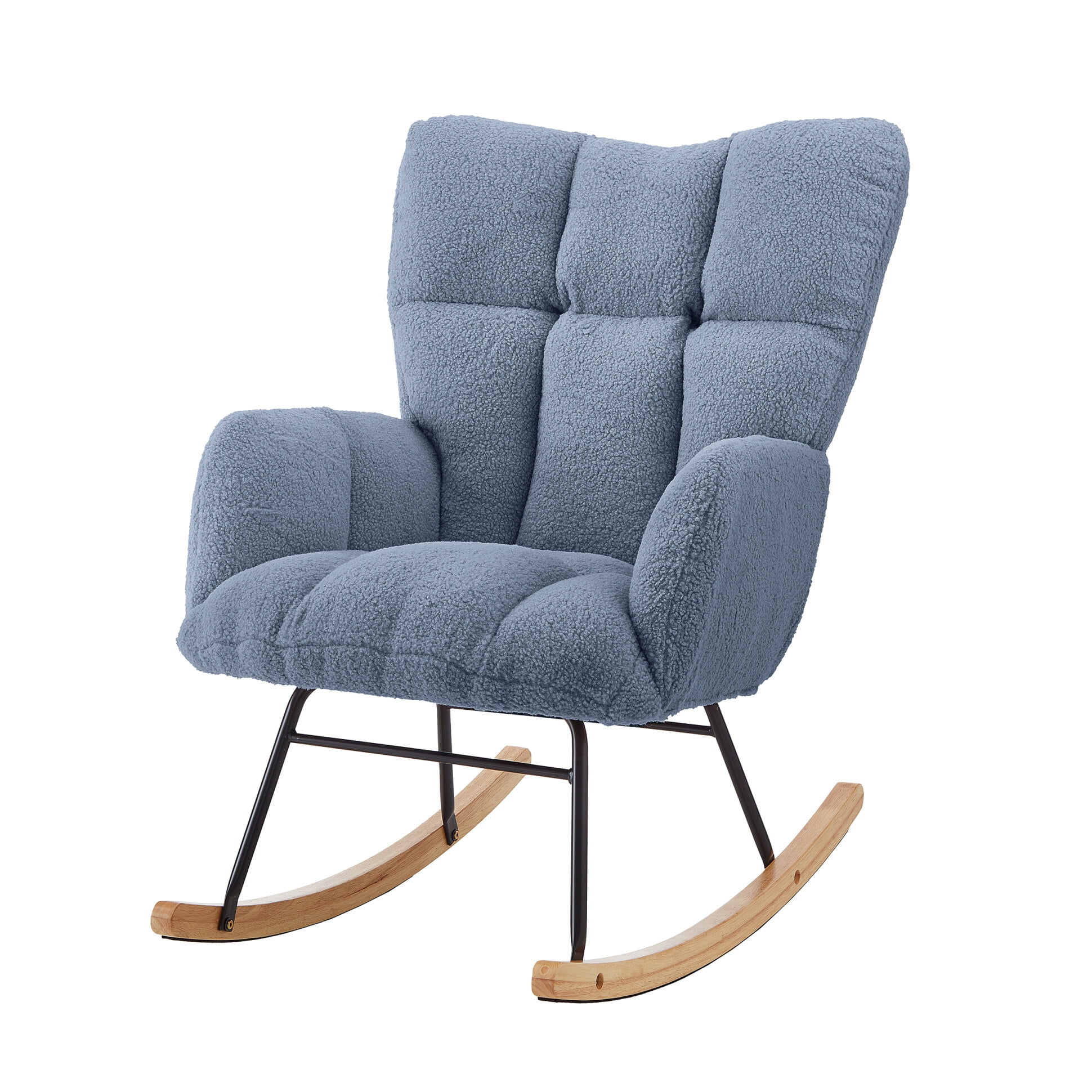 Nursery Rocking Chair, Teddy Upholstered Glider Rocker, Rocking Accent Chair with High Backrest, Comfy Armchair for Living Room Bedroom Offices, Light Blue