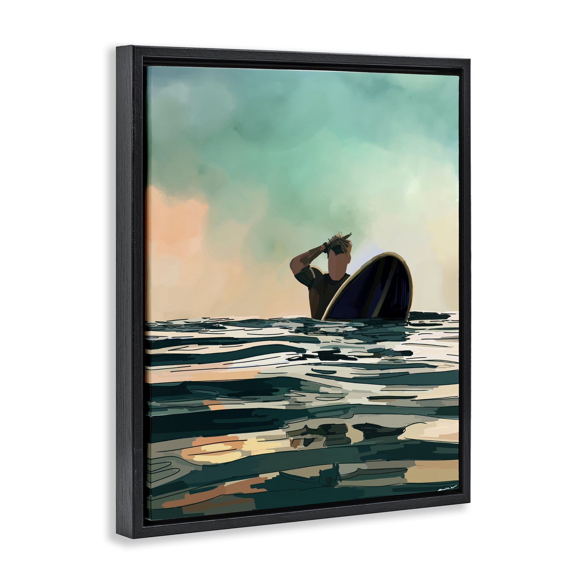 Stupell Industries Surfer with Ocean Reflection Nautical & Beach Painting Black Floater Framed Canvas Art Print Wall Art, 25 x 31
