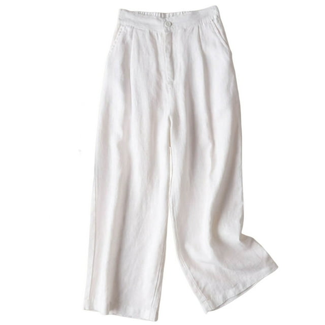 Timegard Women's Cotton Linen Elastic Waisted Ruched Wide Leg 7/8 Lounge Pants with Pockets