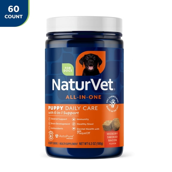 NaturVet Puppy Daily Care All-In-One Supplements, 6-In-1, Hickory Smoked Bacon Flavor, 6o Count