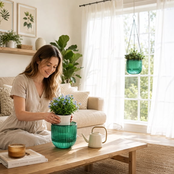 JKXTDKS Hanging Planters 6.5 Inch Flower Pots Plant Hanger with 2 Hooks Drainage Holes Planter for Indoor Outdoor (Emerald,2 Pack)