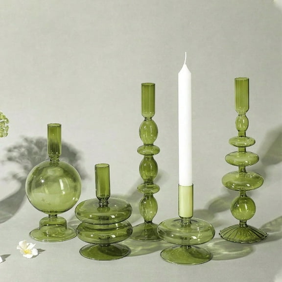 5 Pcs Glass Candlestick Holders Colorful Glass Taper Candle Stand Groovy Candlestick Wavy Boho Chic Clear Bases Holders Elegant Vase for Home Party Centerpiece Green