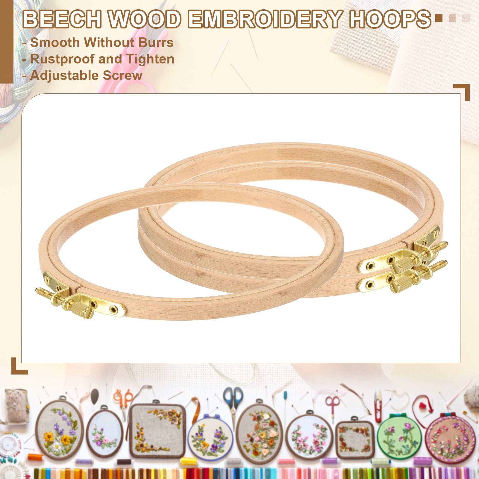 Uxcell 2 Pieces 11 Inch Beech Wood Embroidery Hoops, Arc Side Circle Cross Stitch Hoop Frames with Brass Screw