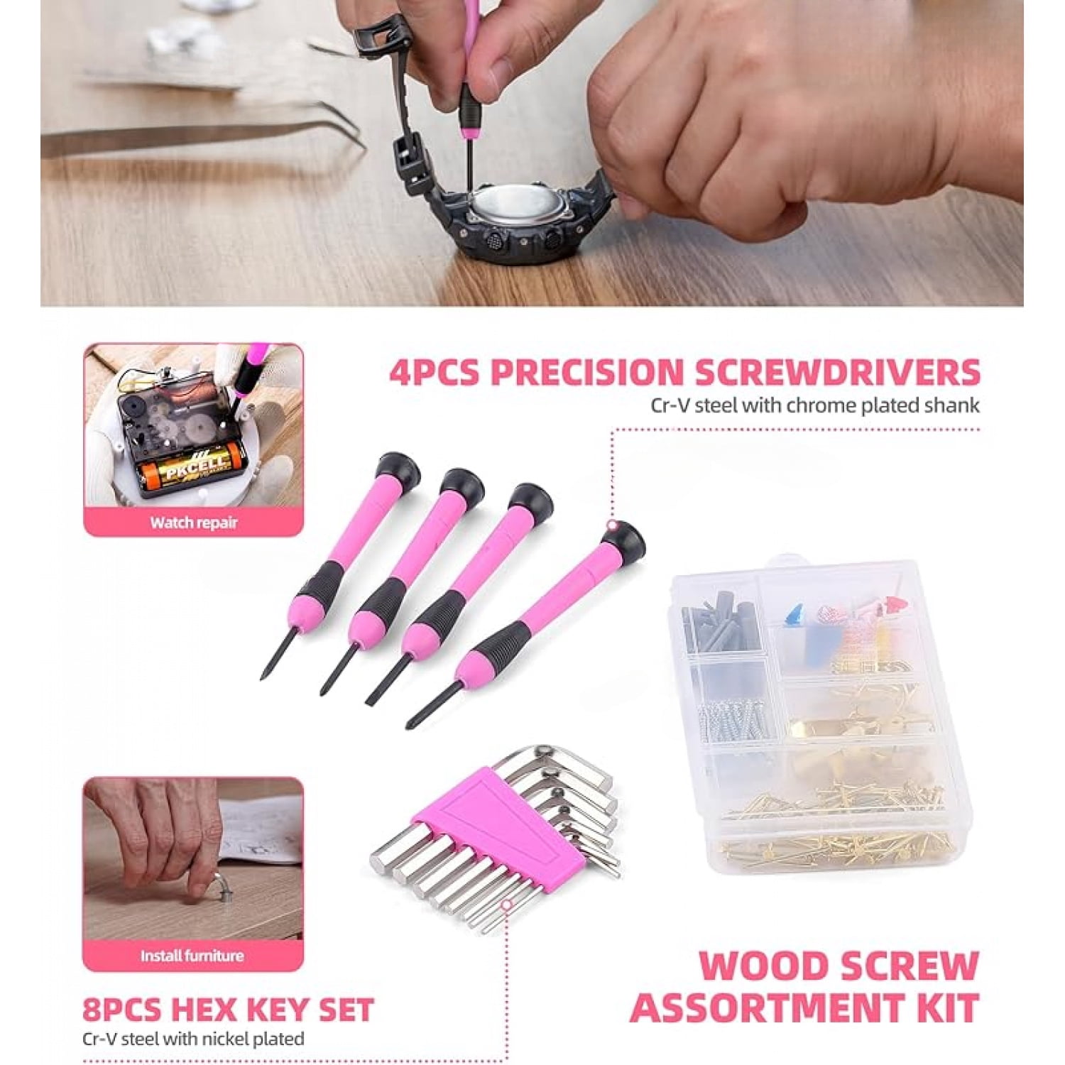 147 Pcs Pink Tool Kit with 12V Cordless Drill with 3/8" Keyless Chuck for Women, Home, Men, Built-in LED, Type-C Charge Cable