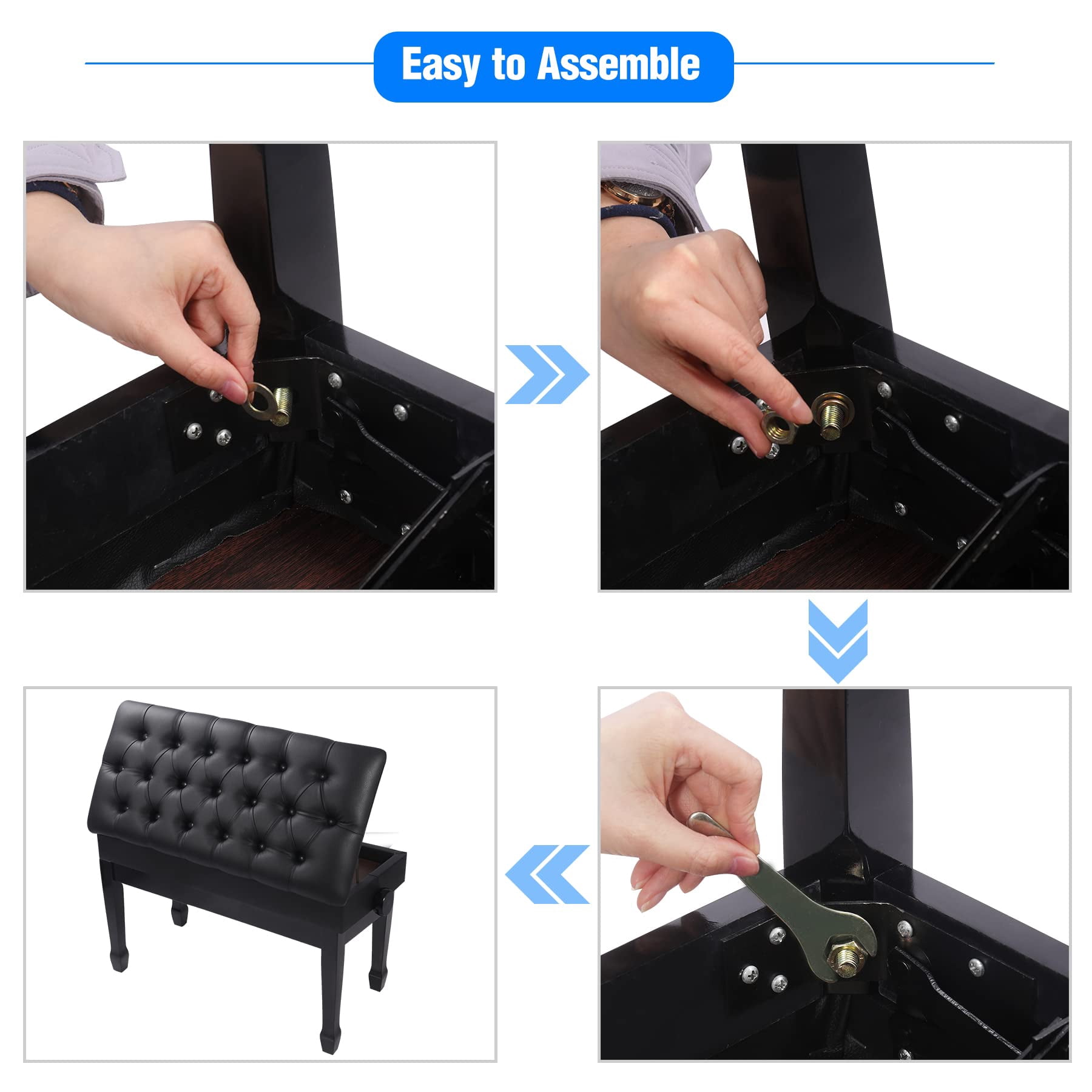 Adjustable Duet Piano Bench With Storage Heavy Duty Wooden Double Keyboard Seat Pu Leather Cushion Black