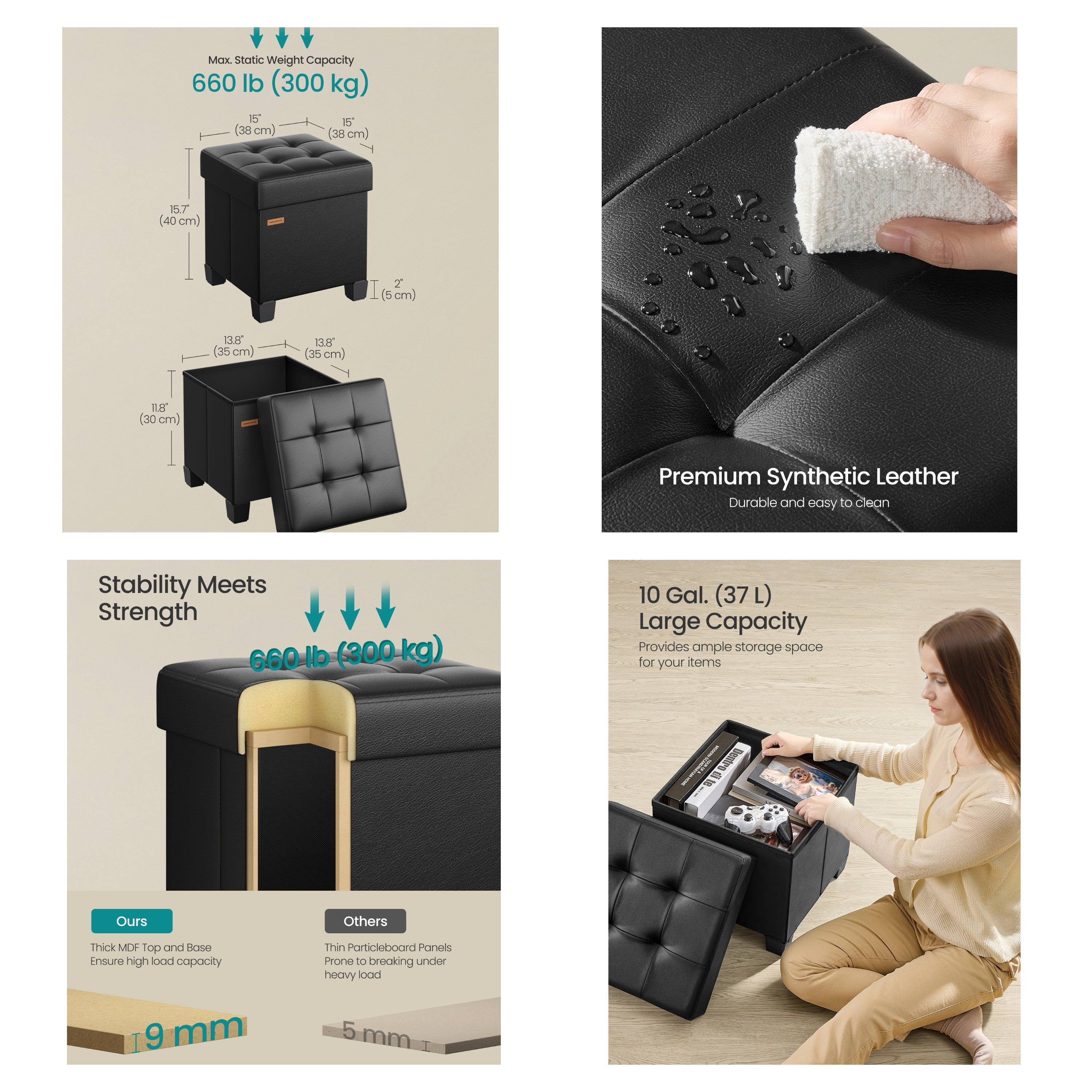 Ledrem Ink Black Foldable Storage Ottoman Footrest with 660 lb Capacity
