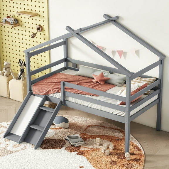 Aukfa Twin Low Loft Bed with Slide for Kids, Wood House Roof Bed Frame for Girls/Boys Bedroom, Gray