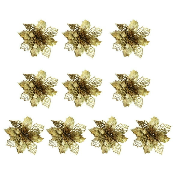 10 Pieces Christmas Artificial Flowers Glitter Poinsettia Hollow Design Fake Flower DIY Art Crafts Wedding Home Bronze
