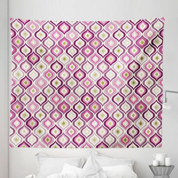 Geometric Tapestry, Doodle Style Ornamental Leaf Vibrant Color Scheme Abstract Art, Fabric Wall Hanging Decor for Bedroom Living Room Dorm, 5 Sizes, Purple Pink Olive Green, by Ambesonne
