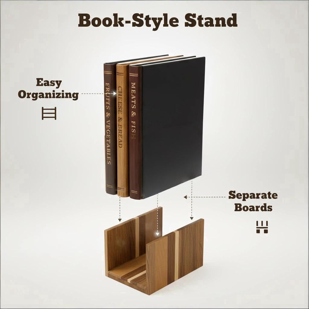 Book Cutting Board Set with Stand - Wooden Library Shaped Chopping Boards That Look Like Books, Labeled Meat, Fish, Cheese & Bread, Fruits & Vegetables, Decorative Kitchen Cutting Boards