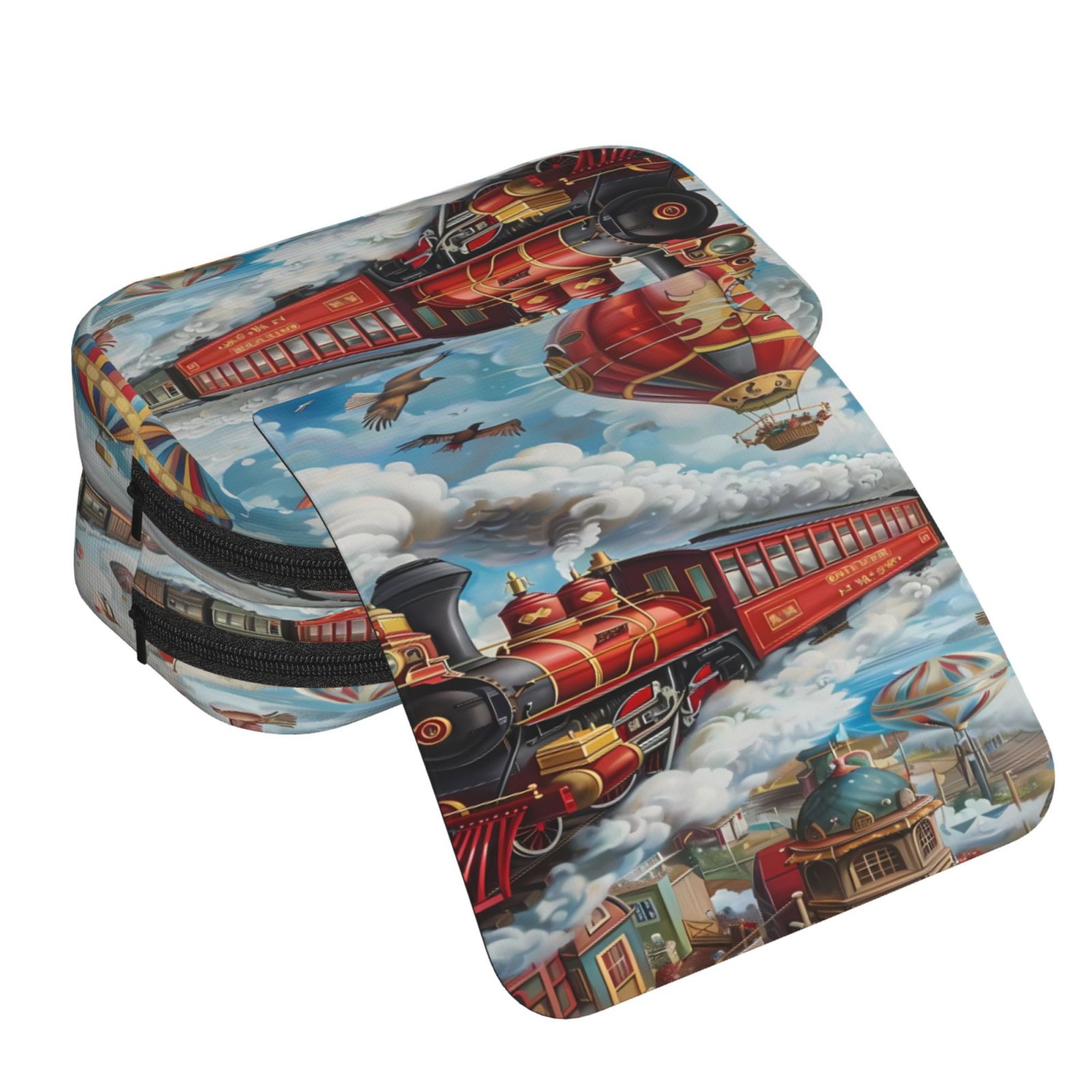 Rateoe Red Train Hot Air Balloon Pattern Double Clamshell Pen Case, Storage Organizer with Two Zipper Compartments– Holds Up to 50 Pencils & Pens