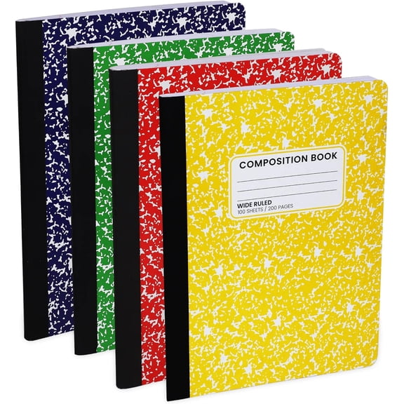 Wide Ruled Composition Book, Wide Rule Notebook Paper -9-3/4 x 7-1/2” - 100 Sheets (200 Pages) - Sewn Binding, Durable Marble Cover, Assorted Colors - 4 Pack