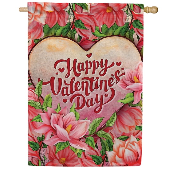 America Forever Pink Valentine Flowers House Flag, 28 x 40 inch Double Sided, Happy Valentine Day Heart Banner, Pink Rose Floral Love Decor, Outdoor Yard Decoration, February Holiday