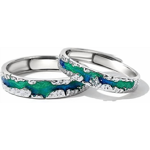 Nothern Light Aurora Polaris Couple Rings for His & Hers Sterling Silver 925 Starry Sky Matching Promise Engagement Rings Wedding Rings Open Statement Band Adjustable