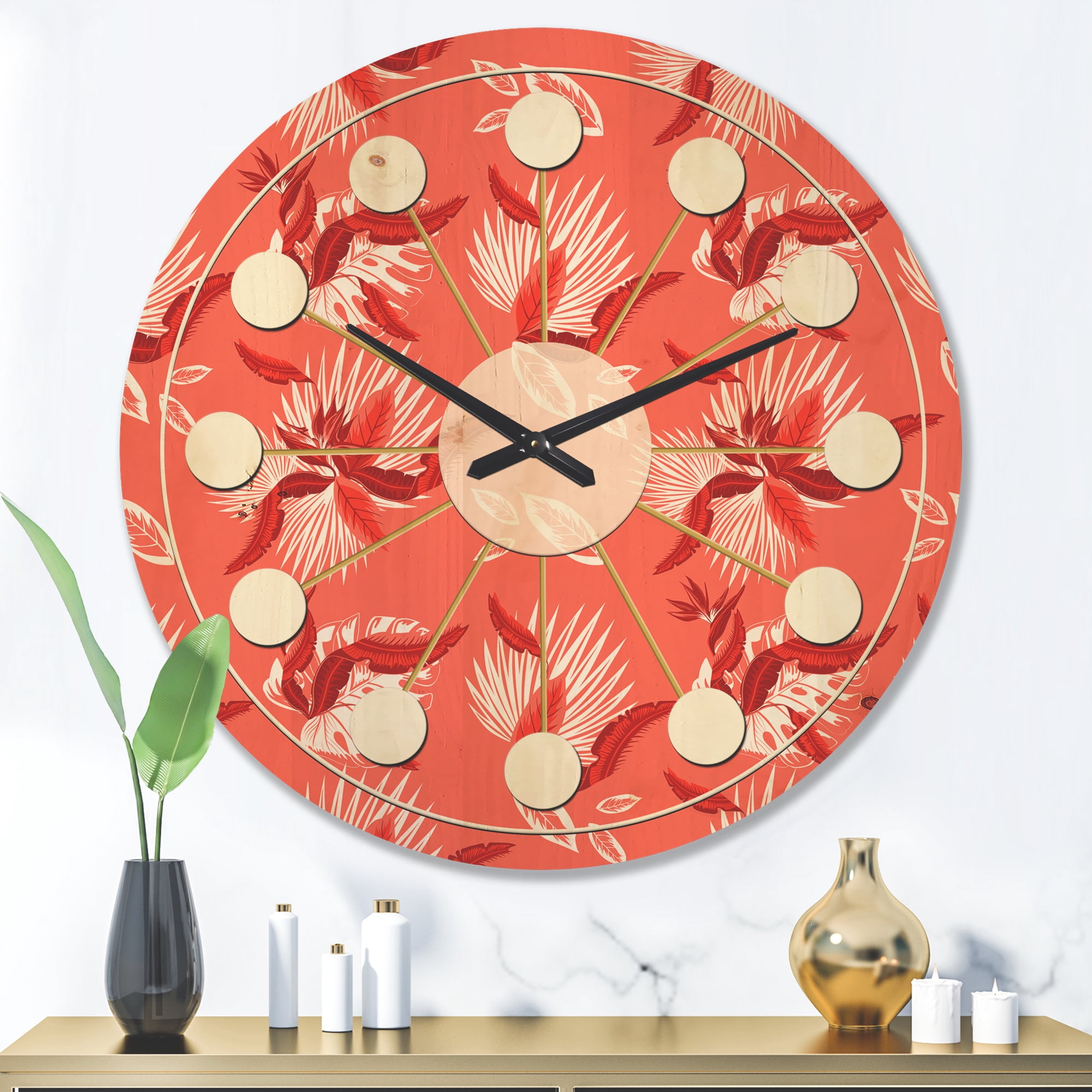 Designart 'Red Flowers Of Bird Of Paradise ' Mid-Century Modern Wood Wall Clock