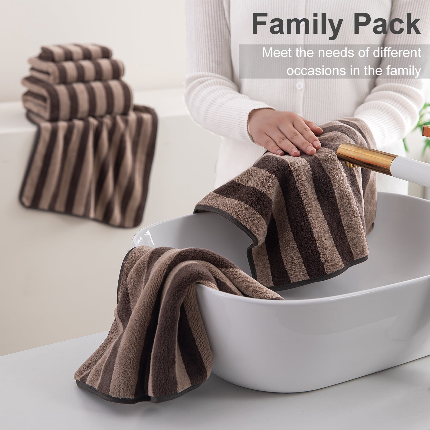 Smuge 12 Pcs Stripe Family Bath Towels Set - 4 Bath Sheet Towels, 4 Hand Towels, 4 Washcloths, Microfiber Soft Shower Towel for Bathroom Gym Spa(Dark Coffee)