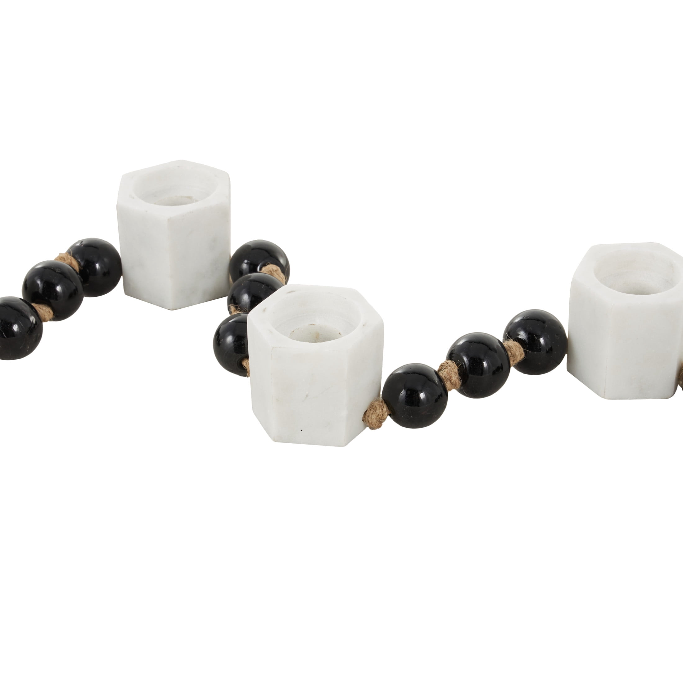 DecMode 5 Candle White Marble Hexagon Garland Candle Holder with Brown Tassel and Black Beads