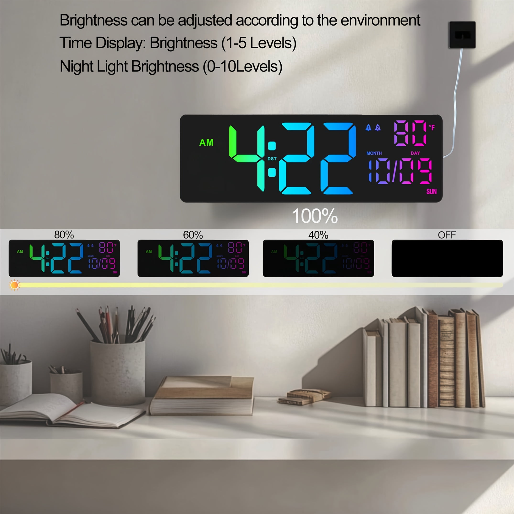 Large Digital Alarm Wall Clock with Remote, Calendar, Temp/Humidity, Timer, 11 RGB Colors for Bedroom, Office, Gift