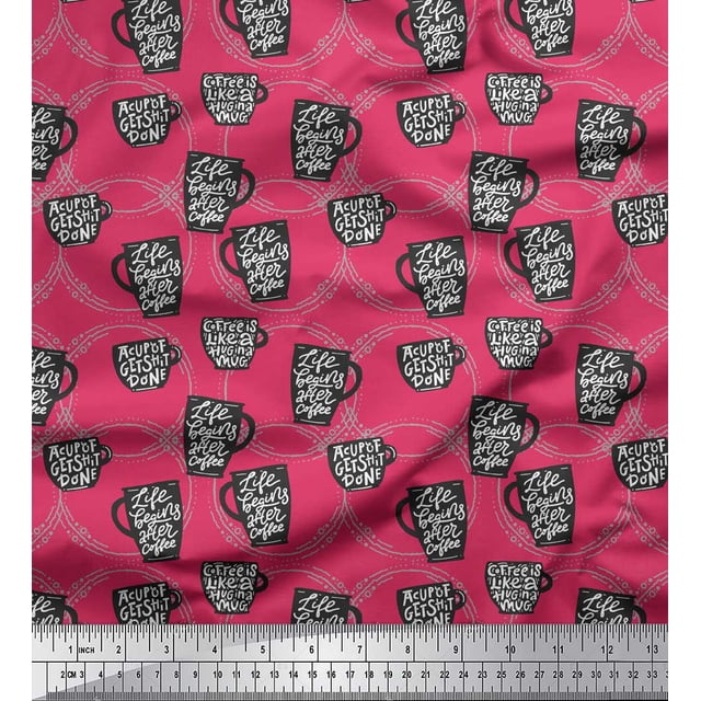 Soimoi Pink Poly Georgette Fabric Life Begins After Coffee Text Printed Fabric 1 Yard 42 Inch Wide