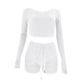 thumbnail image 5 of Idoravan Women Sets Clothing Womens Waffle Solid U-neck Long Sleeve Short European and American Fashion Casual Shorts Set, 5 of 9