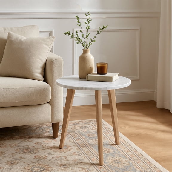 Oddone 15" Round Italian Carrara White Marble End Table with Oak Legs